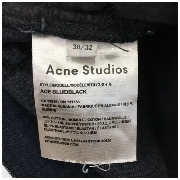 Acne Studios Ace Stay Blue/Black Denim Jeans Men's Size‎ 30x28 Dark Wash